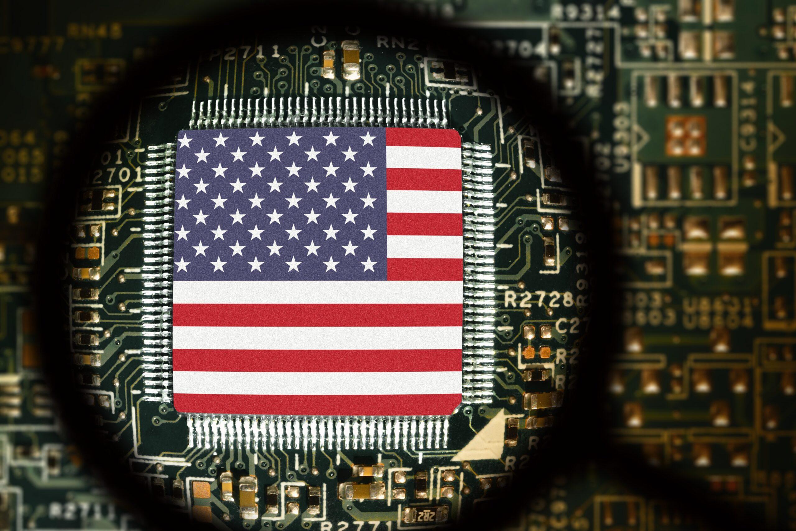 close of up a US flag as a microchip